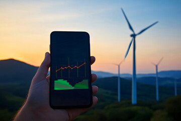 Hand holding smartphone displaying energy savings data with wind turbines in background at sunset, showcasing renewable energy and sustainability
