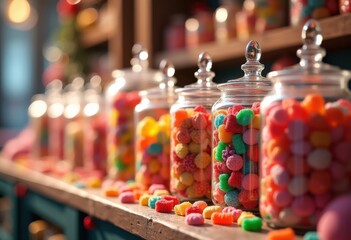 vibrant candy jars overflowing colorful sweets assorted treats festive delights bulk confectionery candy shop display, variety, sugar, packaging, snack, basket, bag