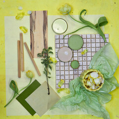 Color palette mood board in yellow tones with lemons and floral decoration