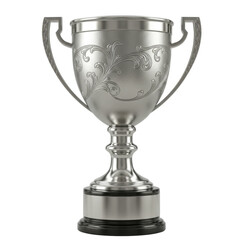 A shiny silver trophy with elegant floral engraving, a symbol of success, on a transparent background.
