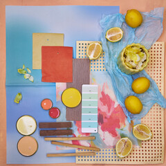 bright summer color palette mood board in blue tones with pink and yellow accents for interior...