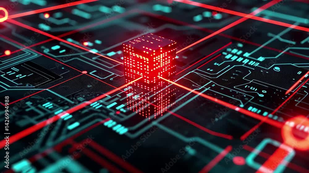 Poster closeup of a glowing red blockchain network with interconnected nodes and digital elements showcasin
