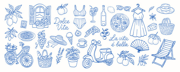 Italian vacation set. Dolce vita.. The image is of a beach scene with a lot of different things like a scooter, a chair, a vase, a bowl, a bottle, a hat