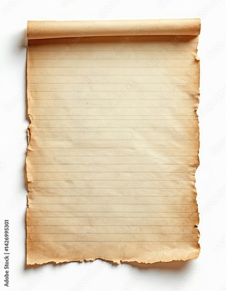 Poster Aged lined paper. Torn edges, texture, rustic look. Blank space for text. Old parchment scroll ideal to add copy space for design project or vintage letter concept.