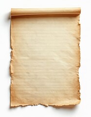 Aged lined paper. Torn edges, texture, rustic look. Blank space for text. Old parchment scroll ideal to add copy space for design project or vintage letter concept.