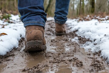 Snowy muddy path, boots in focus.  Detailed view of a person walking through a winter forest trail