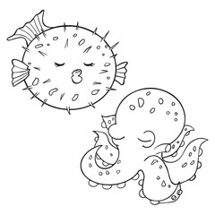 Vector illustration of children's coloring pages sea animals. Cute octopus and fugu fish smiling cartoon sea animal. Simple funny kid's drawing. Black lines, sketch on a white background.