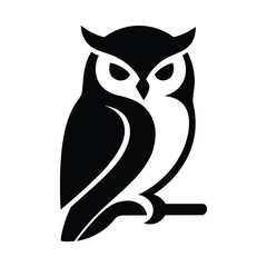 Elegant Owl on Branch Silhouette Art, Perched Owl Silhouette Black and White