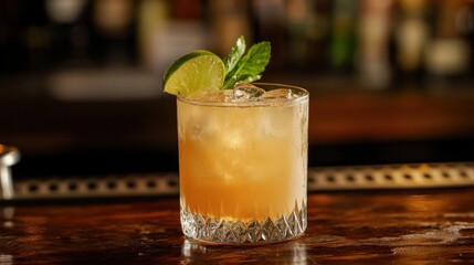 A beautifully presented cocktail garnished with fresh mint and lime