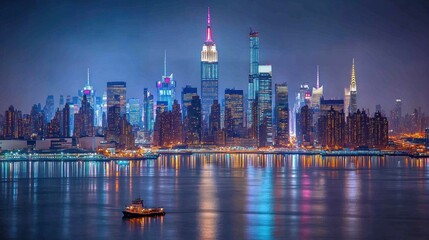 Fototapeta premium New York City skyline at night, illuminated by vibrant lights.