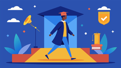 Fototapeta premium A person walking across a graduation stage while a voiceover discusses how higher education can open doors to higherpaying careers and opportunities. Vector illustration