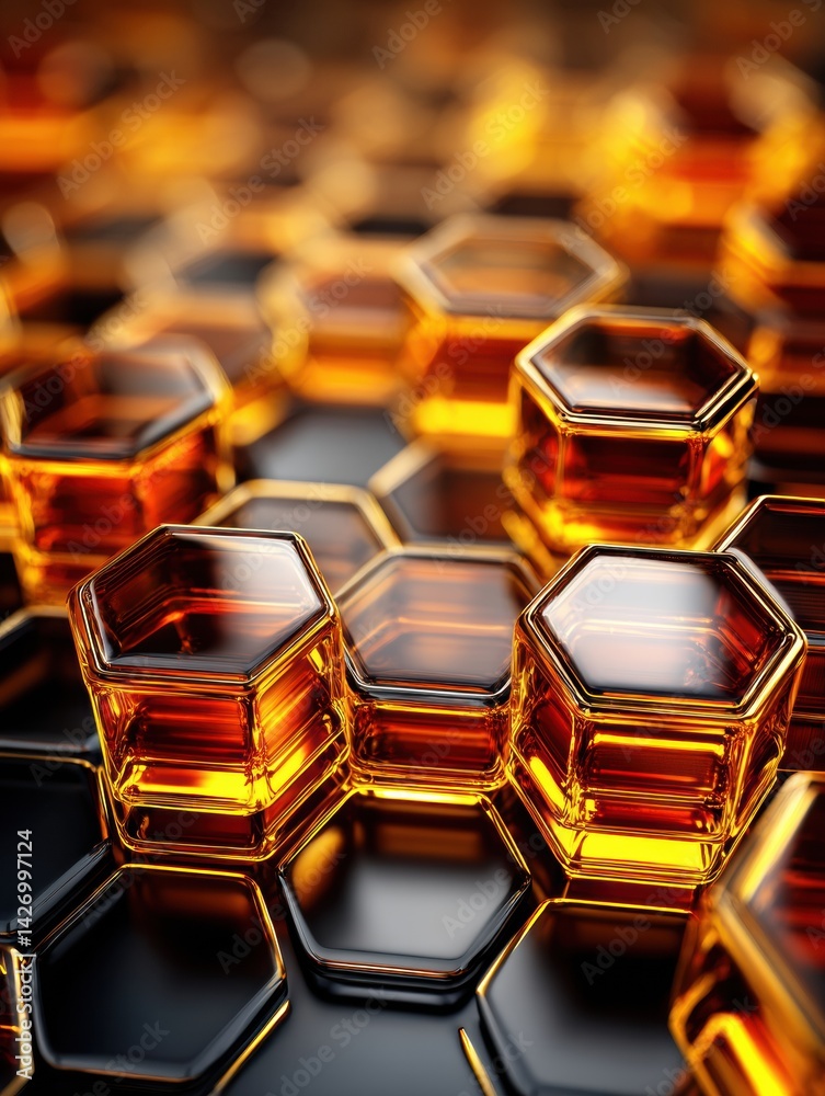 Poster Macro View of Honeycomb Structure Showcasing Golden Honey Reflections Under Natural Light