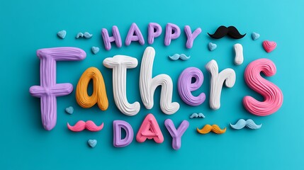 A playful, vibrant "Happy Father's Day" banner with AI generative designs, incorporating bold typography and colorful icons like mustaches and ties, setting a joyful mood for the celebration.