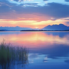 Fototapeta premium Peaceful sunset over serene lake with distant mountains and reflections high resolution picture