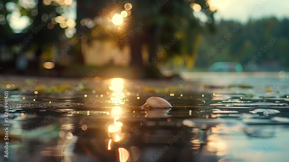 Poster a singular seashell rests on wet sand with shallow waves washing around it. the early morning light 