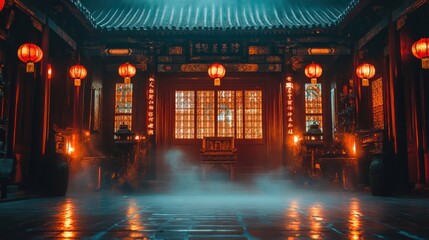 Mystical Asian Courtyard at Night