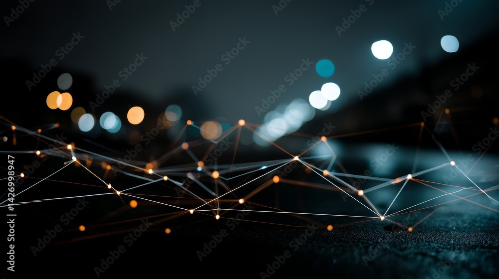 Poster A glowing web of interconnected nodes illustrates smart home automation in a cityscape. The low-angle view captures the essence of connectivity and innovation