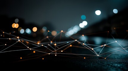 A glowing web of interconnected nodes illustrates smart home automation in a cityscape. The low-angle view captures the essence of connectivity and innovation