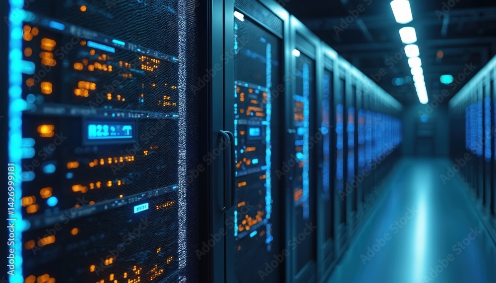 Aufkleber Data center servers. Modern high-performance computing tech with powerful processors, network infrastructure. Abstract digital design concept of data transfer, processing, cloud computing,