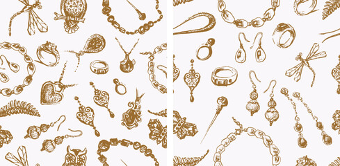 Seamless patterns of sketches various female jewelry, earrings, rings, brooches, bracelet, pendants, vector background, paper, wrapper, fabric © makar