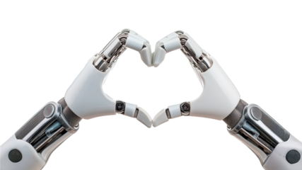 the robot hands forming a heart shape. The image symbolizes love, technology and future.