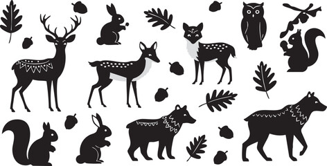 Obraz premium This vector set showcases a black silhouette collection of various wild and farm animals, including a horse, dog, deer, elephant, cat, cow, wolf, goat, and giraffe, perfect AI Generative