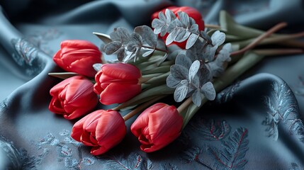 A simple yet impactful arrangement of bright red tulips and lush greenery, placed on a deep blue fabric with soft botanical motifs, symbolizing strength and love on Father's Day.