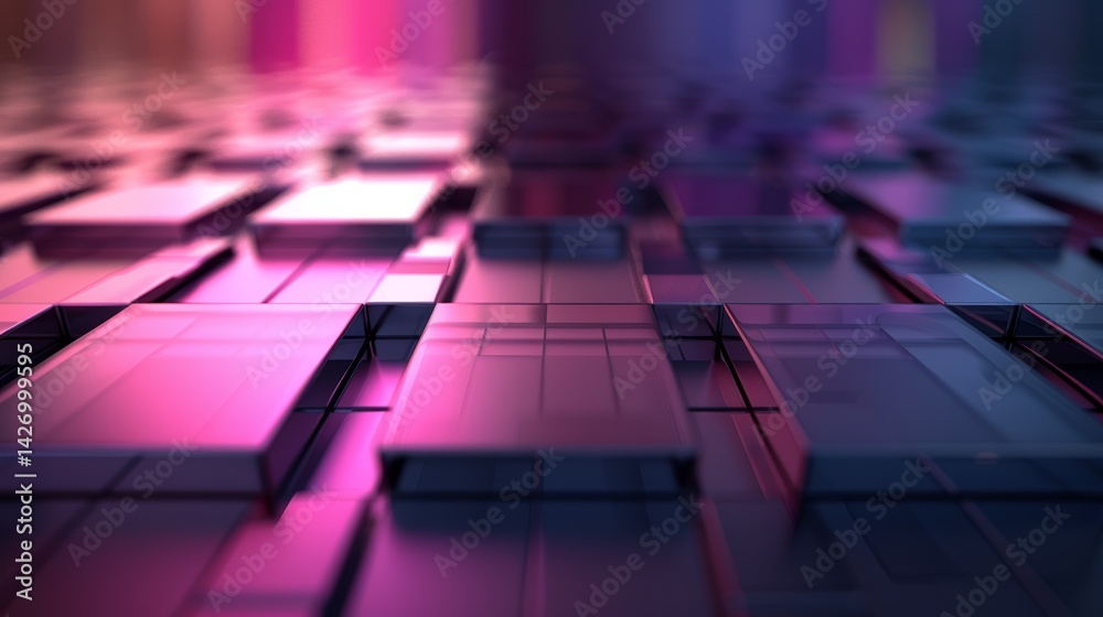 Poster Low-angle view captures a striking skyscraper facade with frosted glass reflecting vibrant sunset colors, creating abstract geometric patterns and ample copy space
