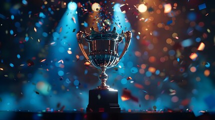Trophy glowing under dramatic blue lighting with flying confetti, symbolizing achievement, success, and championship victory in a dark, cinematic setting.