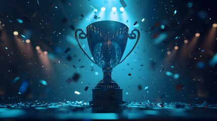 Trophy glowing under dramatic blue lighting with flying confetti, symbolizing achievement, success, and championship victory in a dark, cinematic setting.