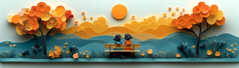 A couple sits together on a bench, gazing at the sunset over a rolling hillside, with autumn trees surrounding them in a beautiful landscape