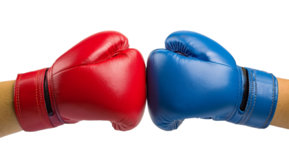 a pair of boxing gloves facing each other ready for a fight. One glove is red, and the other is blue, placed together with hands inside the gloves.
