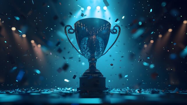 Trophy glowing under dramatic blue lighting with flying confetti, symbolizing achievement, success, and championship victory in a dark, cinematic setting.