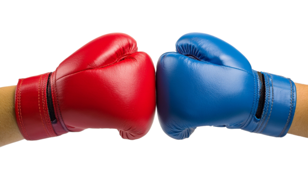 a pair of boxing gloves facing each other ready for a fight. One glove is red, and the other is blue, placed together with hands inside the gloves.