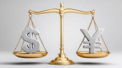 The delicate balance of US dollar and Japanese yen, a symbolic representation of global economic interdependence, captured in a clean, minimalist setting with gold scales.