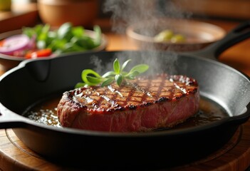 Fototapeta premium sizzling steak cooking cast iron skillet juicy texture savory aroma, grill, beef, sear, meal, food, juiciness, seasoning, heat, chef, pan, fat, crispy