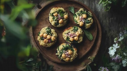 Vegan quinoa, eggplant, spinach, and chickpea burgers presented on a wooden tray.
