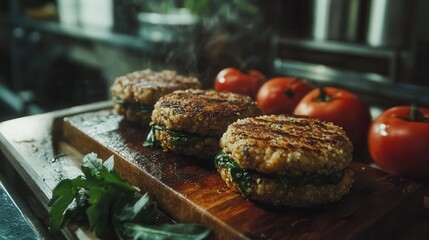 Vegan quinoa, eggplant, spinach, and chickpea burgers presented on a wooden tray.