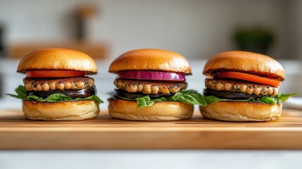 Vegan quinoa, eggplant, spinach, and chickpea burgers presented on a wooden tray.
