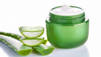 Aloe vera leaves and cream jar showing skin care and health concept