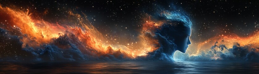 A serene celestial figure emerging from vibrant cosmic energy, a dreamlike ethereal landscape bathed in starlight. A fusion of dreams and imagination