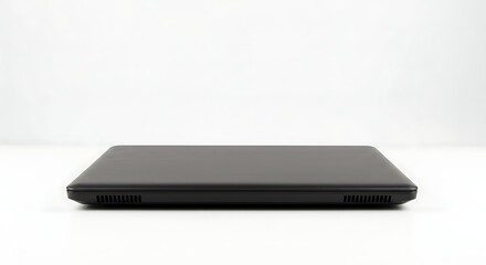 A black laptop closed, resting on a clean white surface, isolated with clear edges 