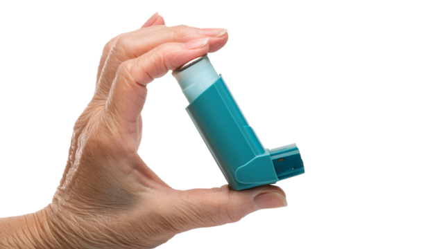a hand gently holding an asthma inhaler against the backdrop of a bright, minimalist setting. The image evokes a sense of health, well-being, and a tool for better breathing
