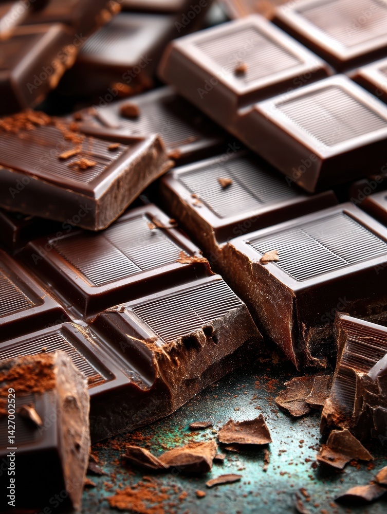 Poster Macro View of Textured Chocolate Bar Broken Into Squares Showcasing Glossy Surface and Rich Details of Each Segment