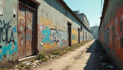 Fototapeta premium Urban alley scene with graffiti art on weathered walls. Marks of violence visible. Abandoned buildings show poverty. Graffiti art, decay, crime significant aspects of environment. Illustration of