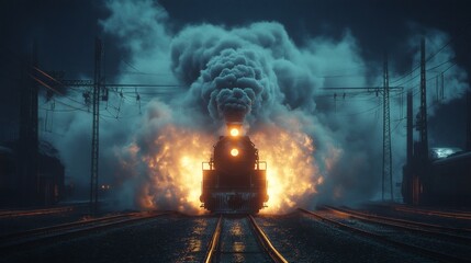 A dramatic scene unfolds as a steam train emits smoke and fire amidst a darkened setting. The image captures the raw power and historical significance of the locomotive