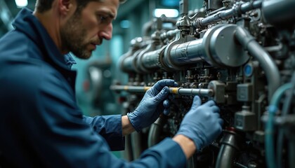 Marine engineer conducts maintenance work on marine diesel engine. Specialist repairs, services machinery. Man wearing protective gloves in blue suit. Technical job, vessel equipment.