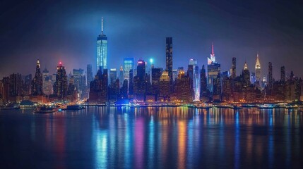 Fototapeta premium New York City skyline at night, illuminated by vibrant lights.
