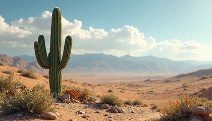 Desert landscape featuring solitary cactus against arid environment. Arizona, southwest, nature, scenic background. Tranquil moment in the American west at sunny day, travel concept.