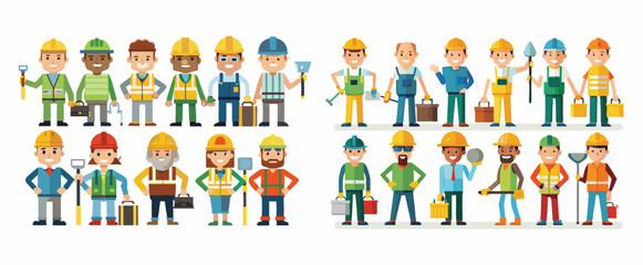 Diverse group of cartoon construction workers and builders